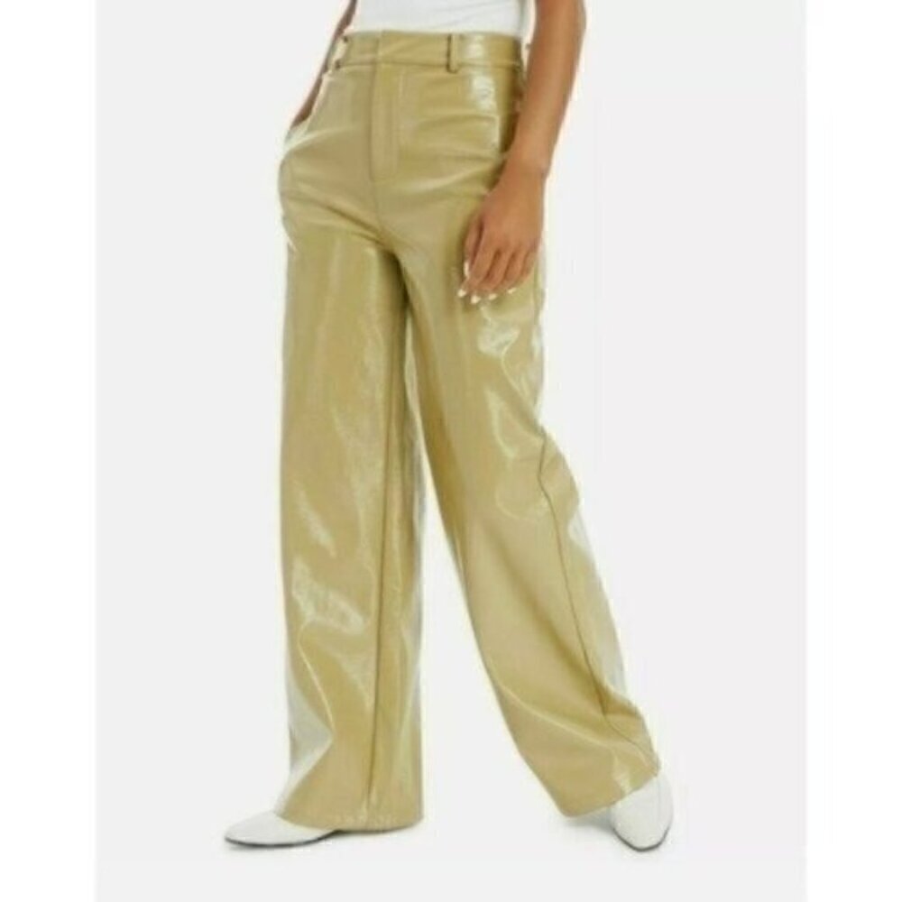 NWT Danielle Bernstein Faux Leather Pants Size 4 Olive Patent High Waisted